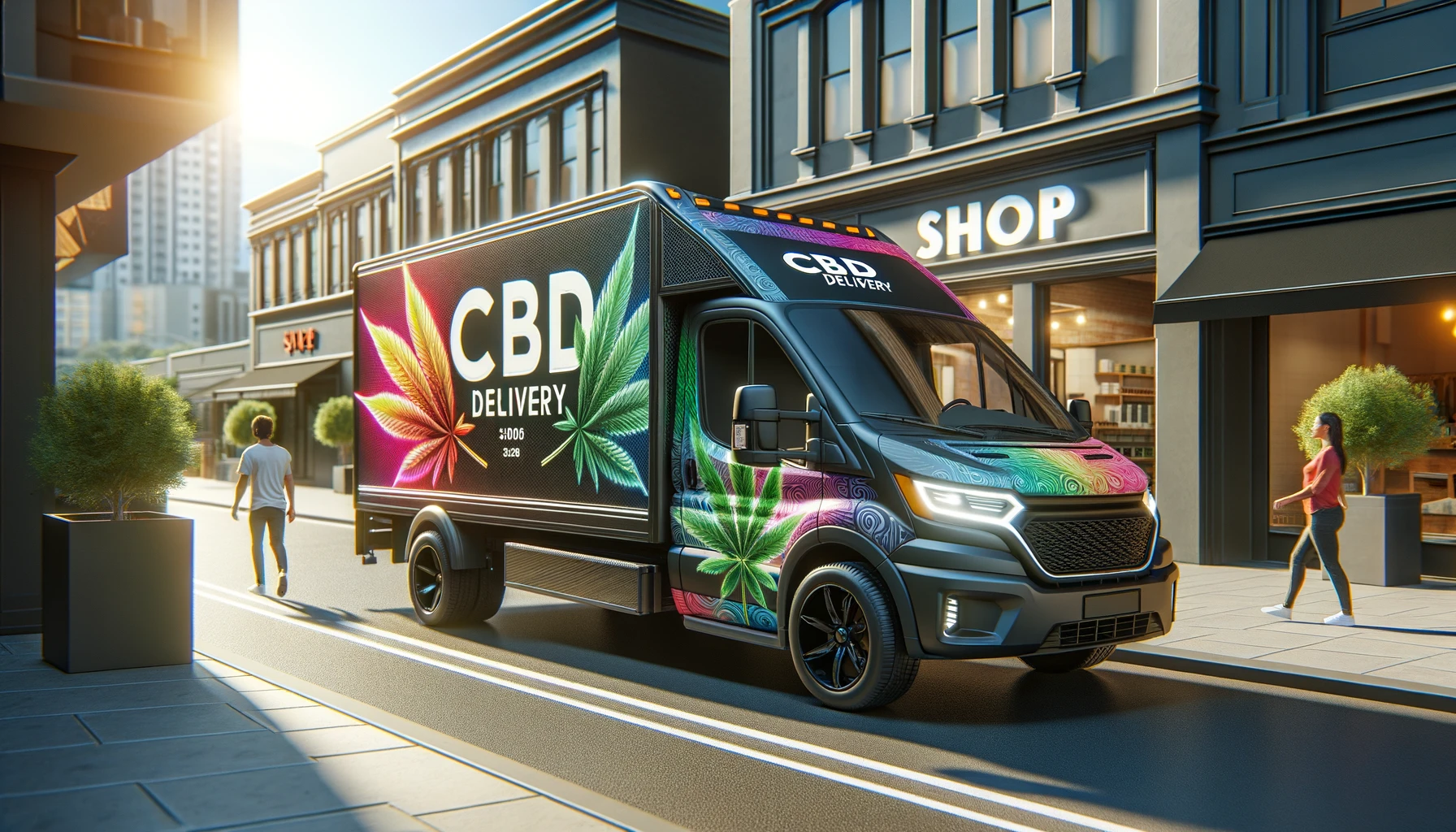 DALL·E 2024-02-21 10.44.56 - A sleek, modern delivery truck parked on an urban street in front of a shop. The truck is adorned with vibrant, eye-catching graphics promoting CBD pr