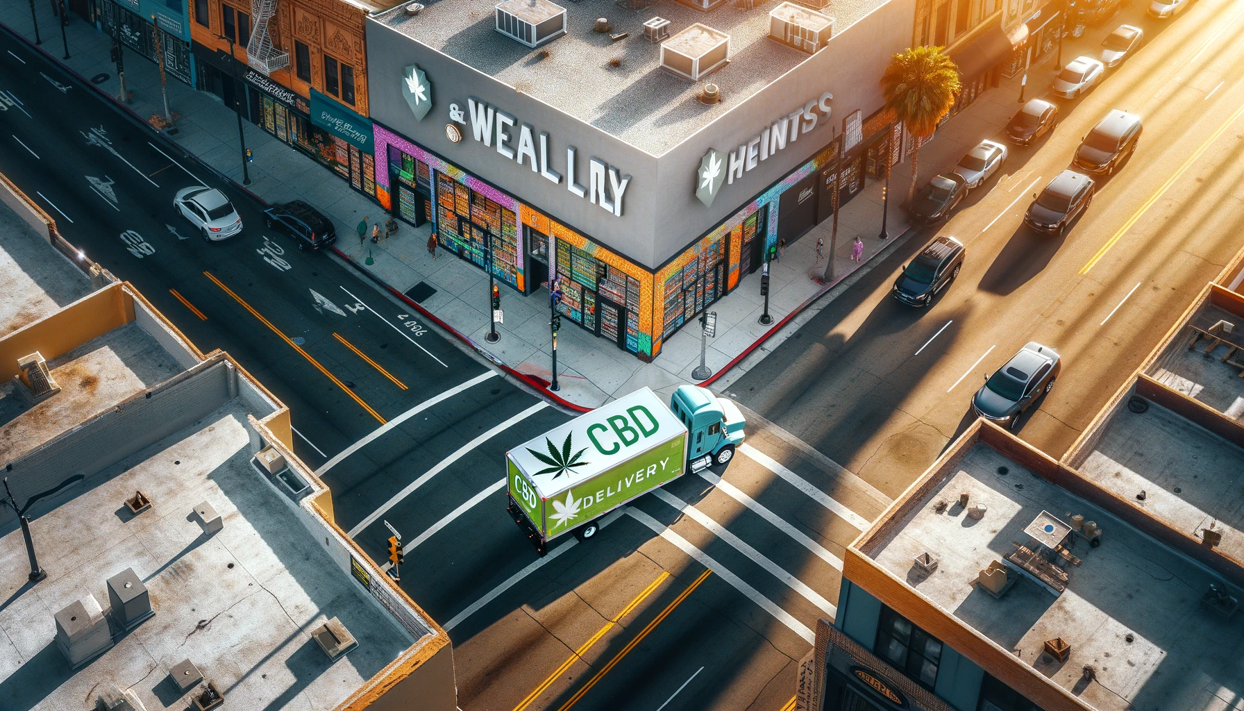 DALL·E 2024-02-21 10.45.00 - Bird's eye view of a city block where a CBD delivery truck is prominently parked in a loading zone near a health and wellness store, identifiable by i