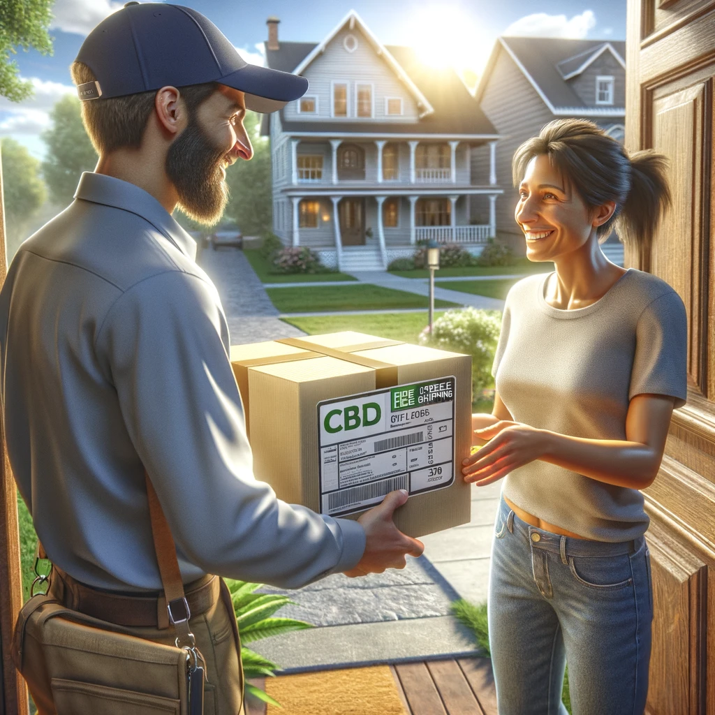 DALL·E 2024-02-21 10.45.13 - A realistic photo depicting the moment of a CBD package delivery. The image shows a happy customer receiving a package clearly labeled with _CBD_ from