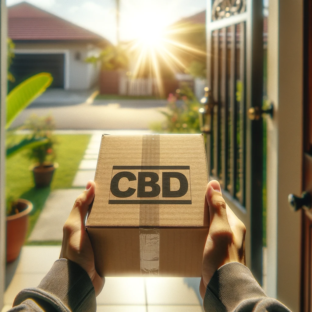 DALL·E 2024-02-21 10.48.25 - A photo of a close-up of hands holding a just-delivered box labeled _CBD_, showing visible excitement. The scene focuses sharply on the box and hands,