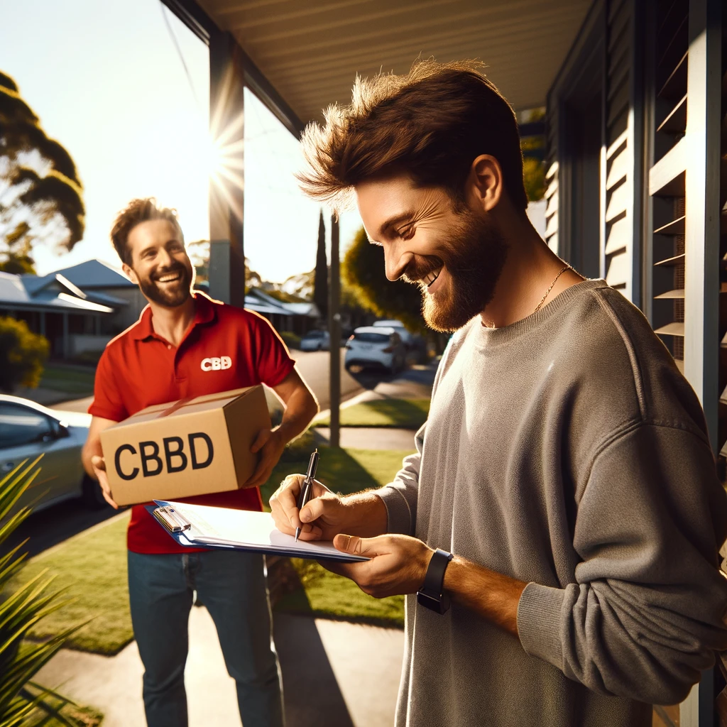 DALL·E 2024-02-21 10.48.27 - A photo capturing a person smiling while signing for a CBD delivery with a courier outside their home. The scene is set on the front porch of a house