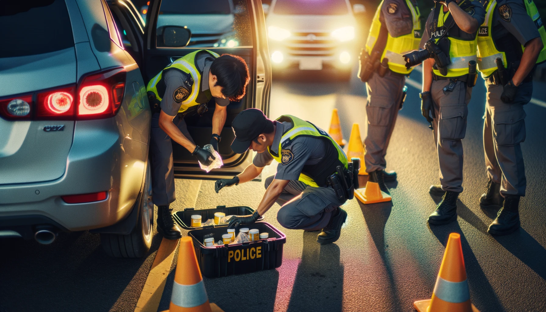 DALL·E 2024-02-21 11.53.03 - Roadside police officers thoroughly checking the contents of a car's trunk for CBD products. The officers are intensely focused. The lighting is from