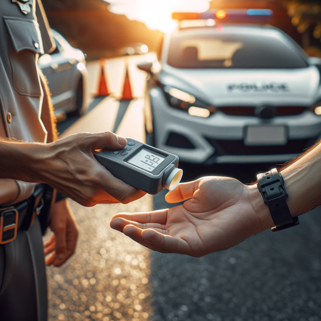 DALL·E 2024-02-21 11.53.21 - A detailed view of a roadside CBD test being administered to a driver by a uniformed officer in natural lighting. The scene is a close-up of hands exc