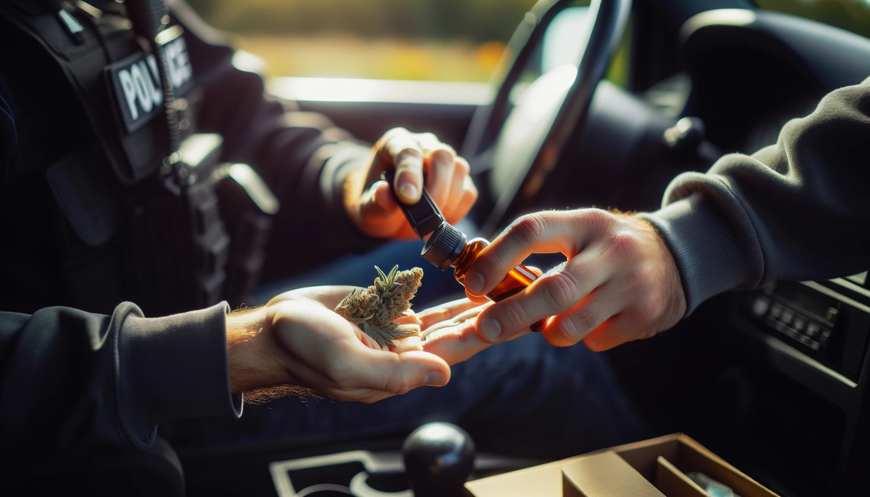 DALL·E 2024-02-21 11.57.08 - A close-up photo depicting hands exchanging CBD products for testing during a routine roadside check, captured in soft, natural light. The focus is on