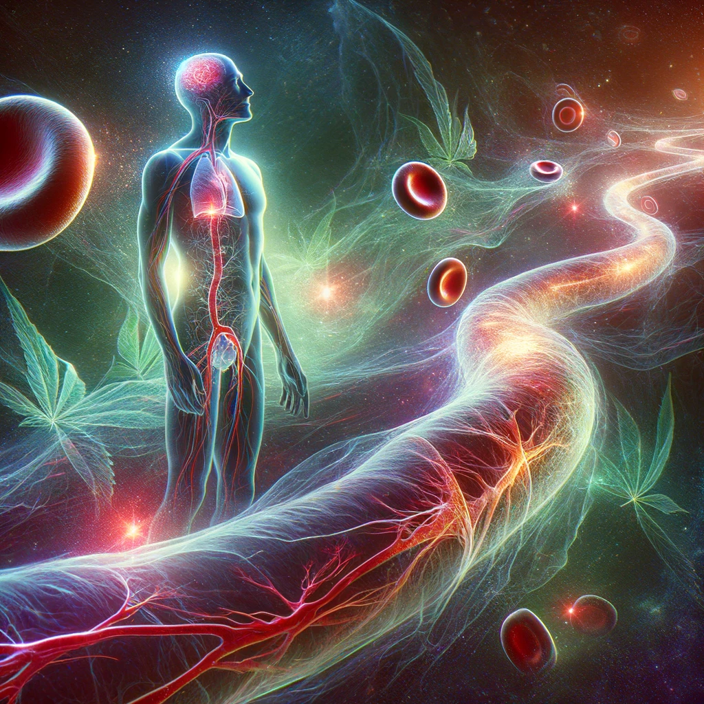 DALL·E 2024-02-21 15.19.30 - An abstract visualization of CBD's journey through the bloodstream, illustrating its effect on the body's homeostasis. The image should provide a pano
