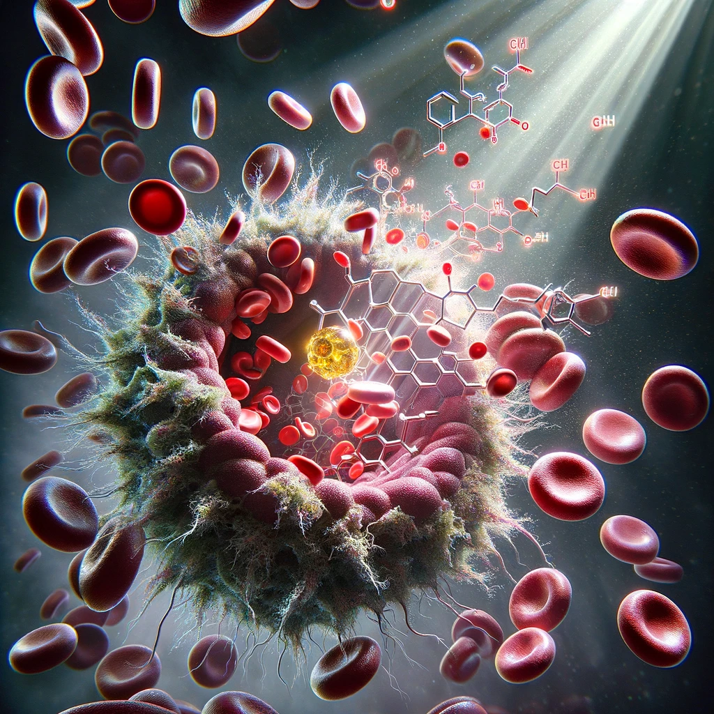 DALL·E 2024-02-21 15.19.33 - A dynamic representation of CBD molecules binding to receptors on the surface of a blood cell, showcasing the biochemical interaction. The image shoul