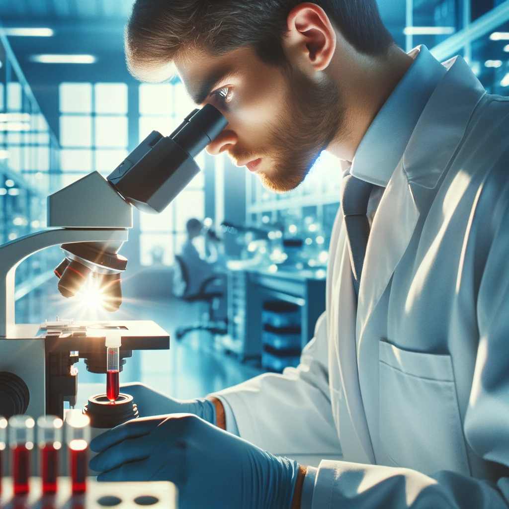 DALL·E 2024-02-21 15.19.41 - A close-up view of a scientist in a lab coat, intently analyzing a blood sample under a microscope. The setting is a modern, brightly lit laboratory f