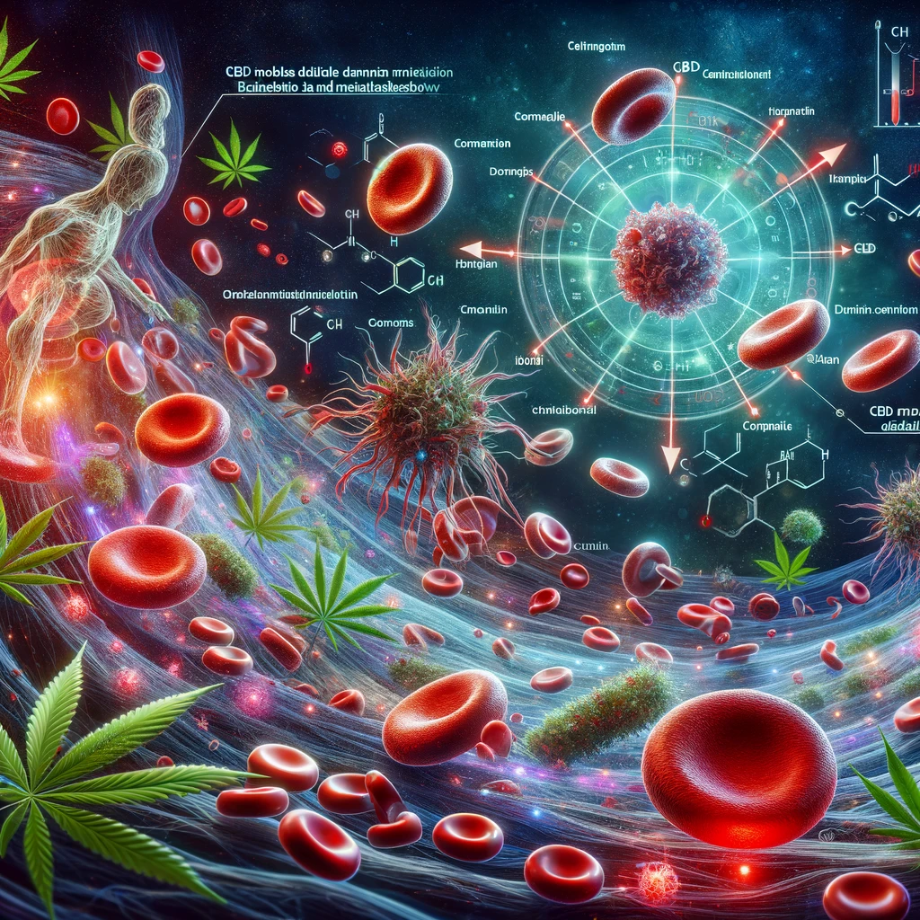 DALL·E 2024-02-21 15.19.49 - An educational digital art piece depicting the dynamic process of CBD molecules interacting with blood cells within the human bloodstream, focusing on