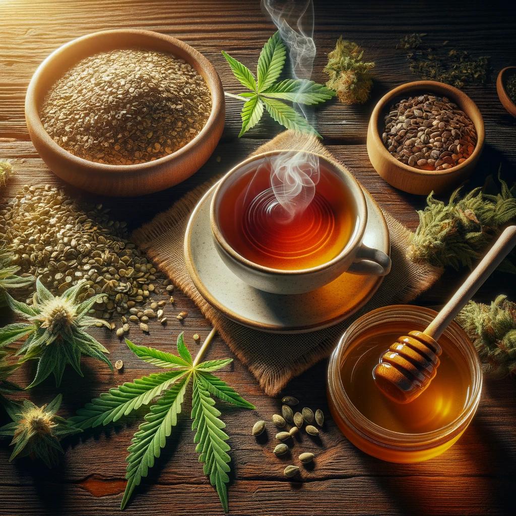 DALL·E 2024-02-21 16.19.29 - A photo-realistic top-down view capturing a wooden table adorned with an array of CBD infusion ingredients - hemp seeds, dried hemp leaves, and a bowl