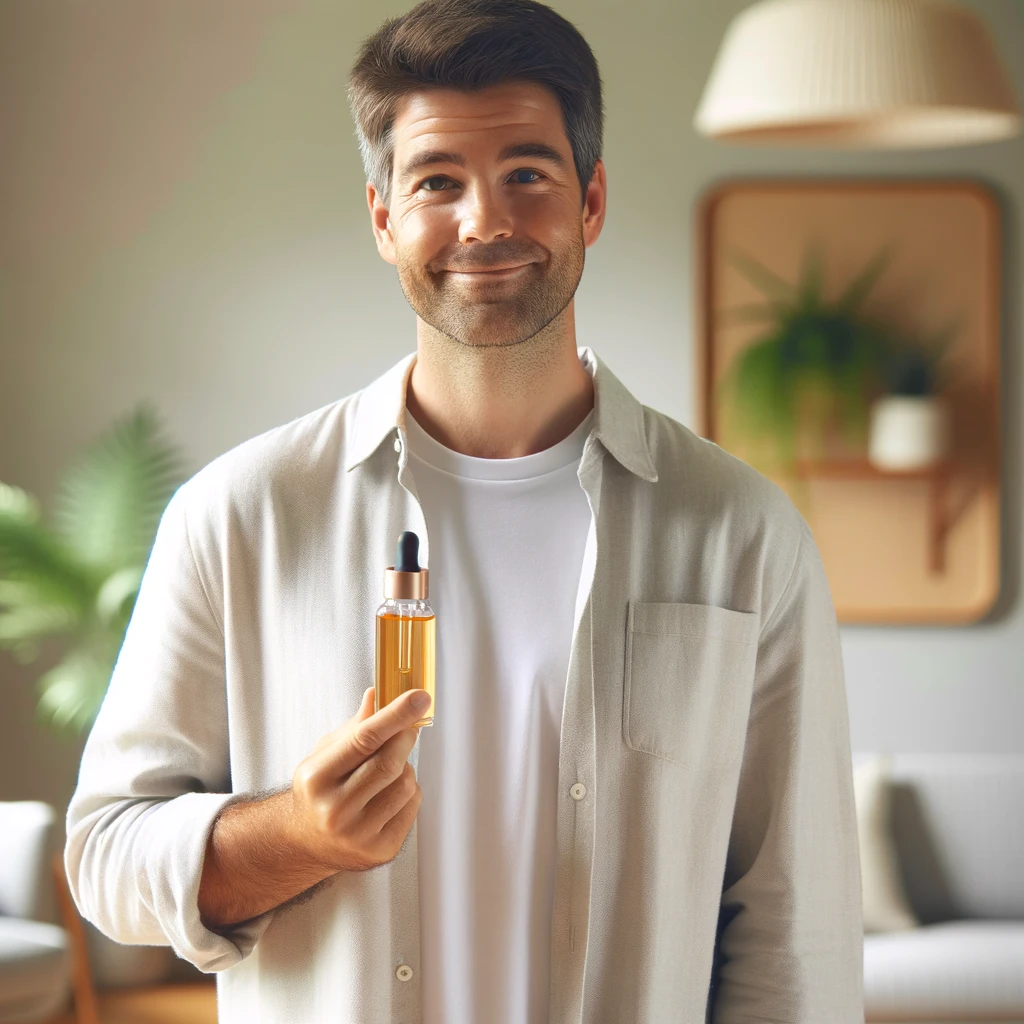 DALL·E 2024-02-21 16.20.32 - A photo of a person holding a CBD oil bottle, slightly smiling, looking slimmer than before. They appear satisfied and confident. The scene is set in