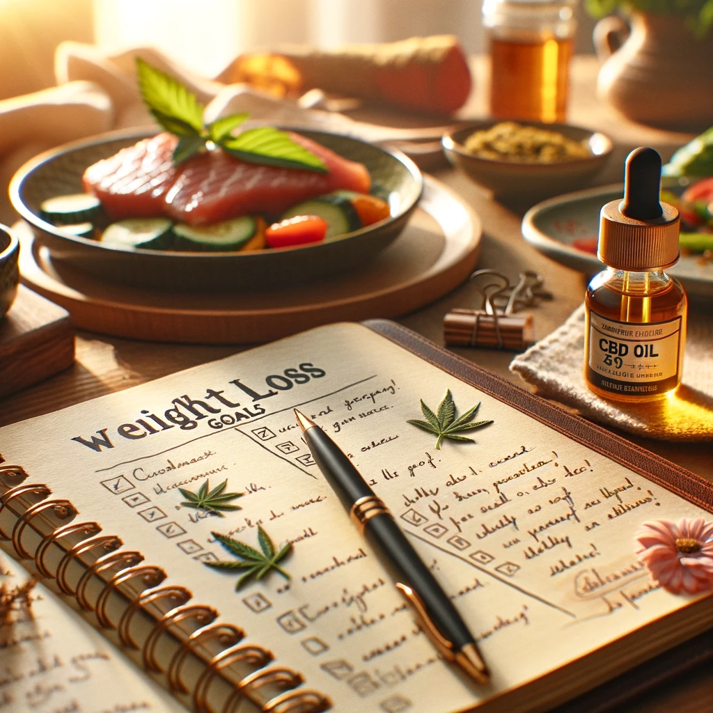 DALL·E 2024-02-21 16.20.39 - A diary with written weight loss goals and achievements, a CBD oil bottle next to it, and a healthy meal in the background. The emotion is planning an