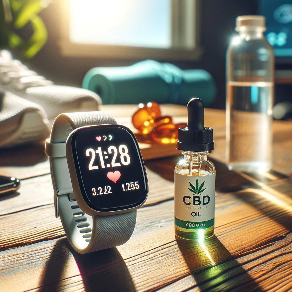 DALL·E 2024-02-21 16.20.41 - A fitness tracker screen showing calories burned and steps taken, next to a CBD oil bottle on a wooden table. The emotion conveyed is motivation and a