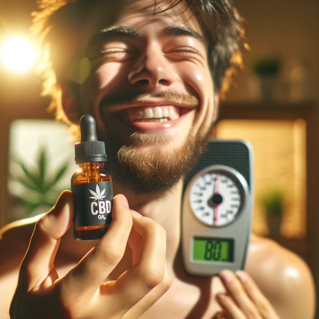 DALL·E 2024-02-21 16.20.43 - A close-up of a person's joyful face holding a CBD oil bottle, with a blurred digital weight scale in the background showing a lower number. The light