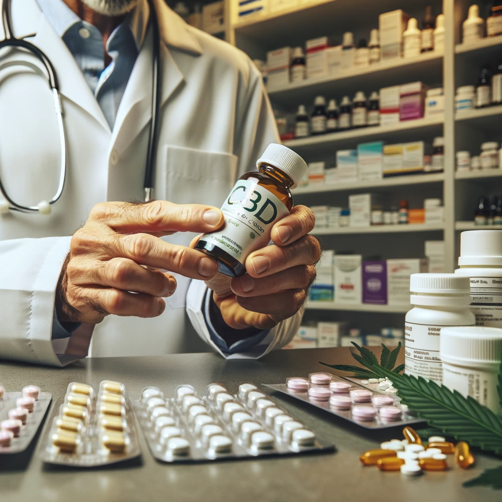 DALL·E 2024-02-21 17.15.27 - Close-up photo of a pharmacist's hands carefully holding a bottle of CBD oil alongside prescription medications, demonstrating the importance of consi