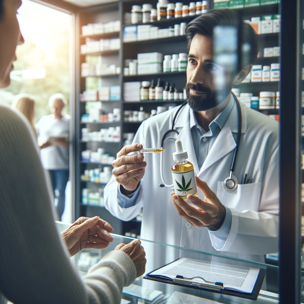 DALL·E 2024-02-21 17.15.35 - A photo-realistic image of a pharmacist or healthcare professional holding a CBD oil bottle and discussing with a patient, visible through a glass par