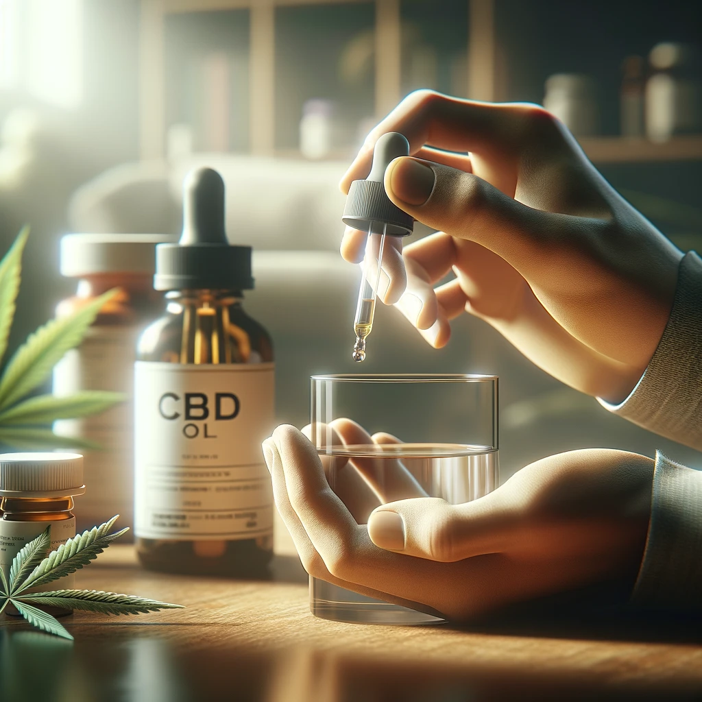 DALL·E 2024-02-21 17.15.37 - A photo-realistic close-up of an open hand holding a dropper, dispensing CBD oil into a glass of water, with prescription medication bottles blurred i