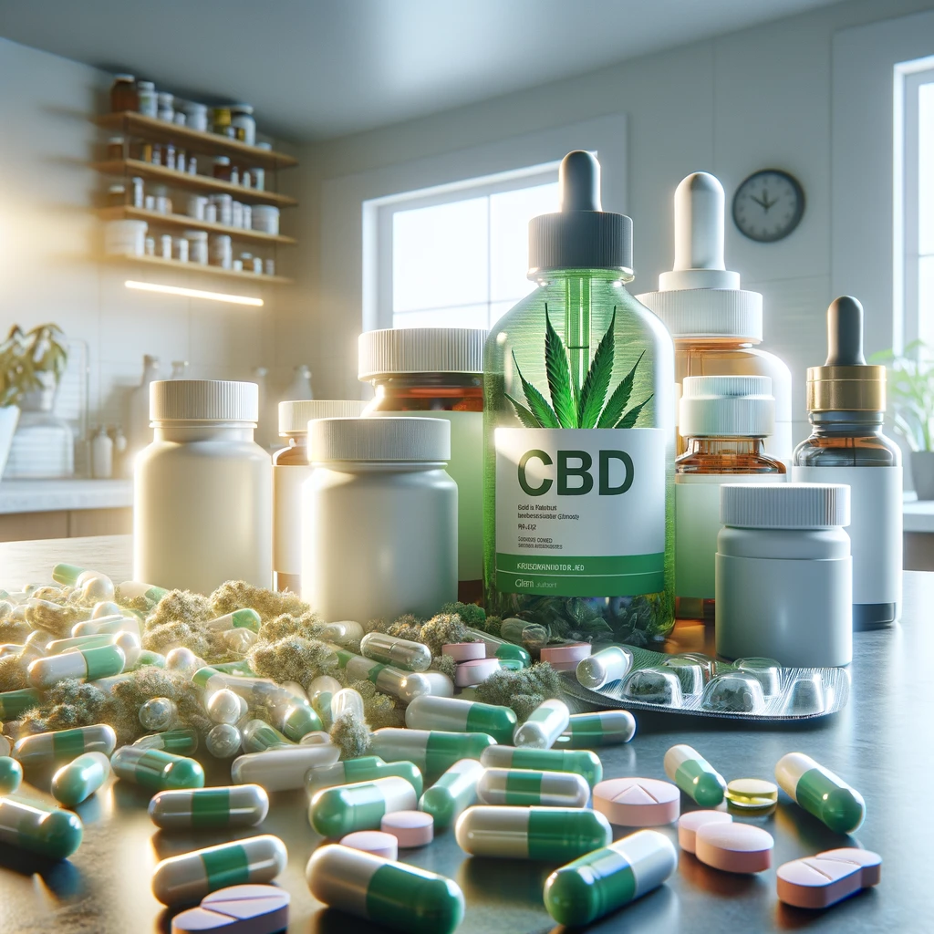 DALL·E 2024-02-21 17.15.38 - A photo-realistic image showcasing a collection of prescription medication bottles and herbal supplements, including a prominently featured CBD oil bo