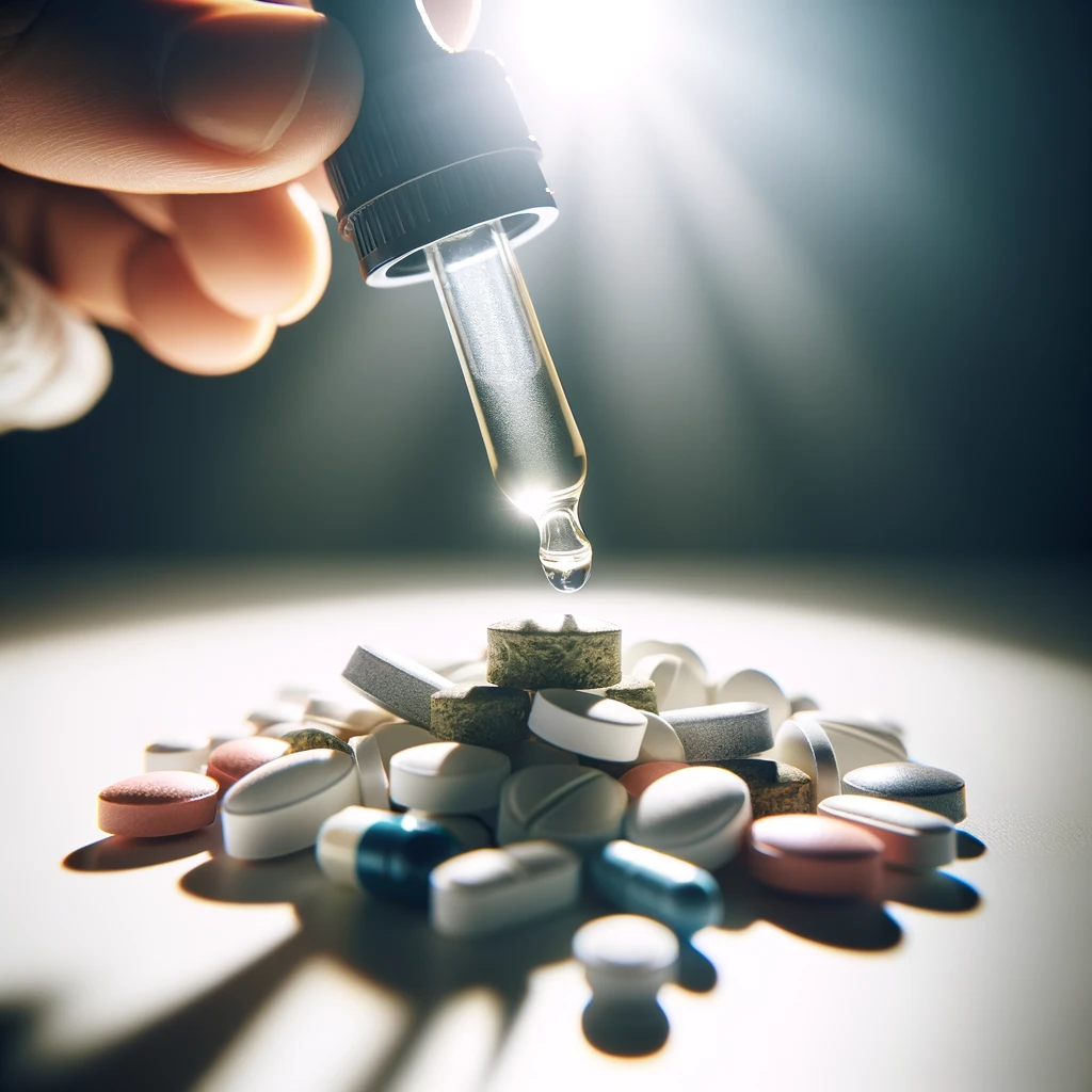 DALL·E 2024-02-21 17.15.48 - A detailed close-up photo of a CBD oil dropper being held over a pile of assorted prescription pills, symbolizing the direct interaction between them