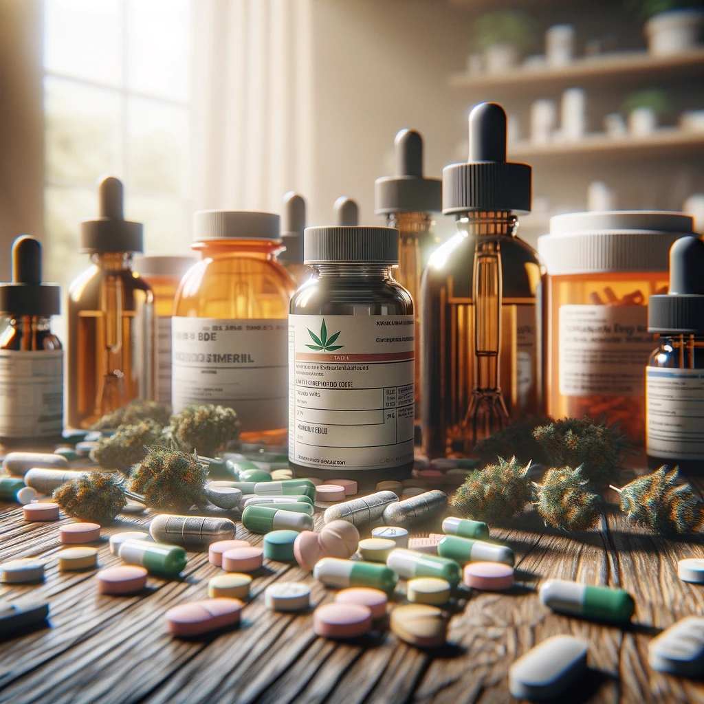 DALL·E 2024-02-21 17.15.51 - A high-detail, realistic photo of various prescription medications and CBD oil bottles scattered across a wooden table, highlighting the potential for